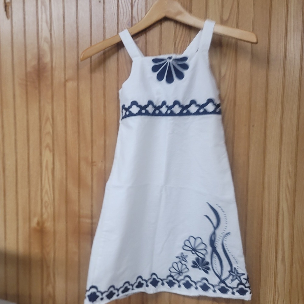 Gymboree Girls White Navy Blue Nautical Starfish Shell Embroidered Dress Size 8